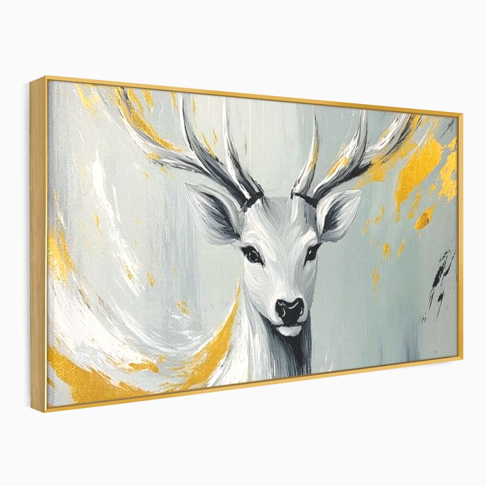 Tablou canvas cu pictura cu portret de cerb si detalii aurii, in rama de aluminiu auriu